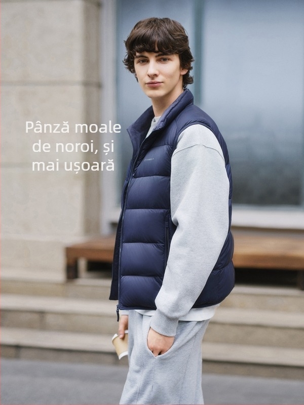 Vesta de puf ușoară pentru bărbați, guler scurt, nailon subțire, puf de rață gri 86–90%, 52–78 g