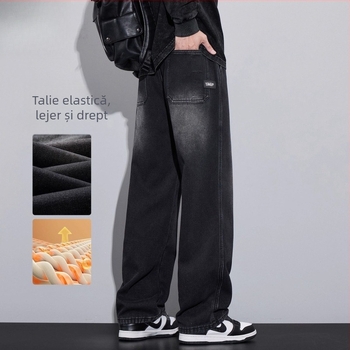 Jeanși pentru adolescenți băieți, iarnă, căptușeală din fleece, croială dreaptă, talie medie, fermoar