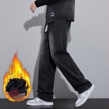 Jeanși pentru adolescenți băieți, iarnă, căptușeală din fleece, croială dreaptă, talie medie, fermoar