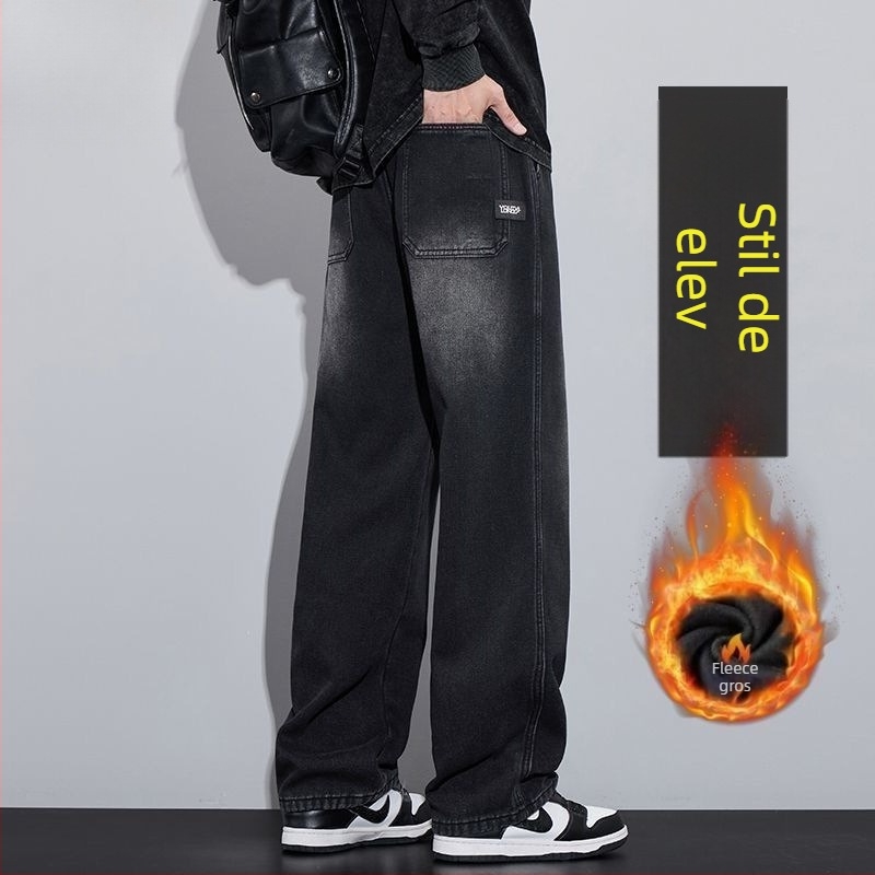 Jeanși pentru adolescenți băieți, iarnă, căptușeală din fleece, croială dreaptă, talie medie, fermoar