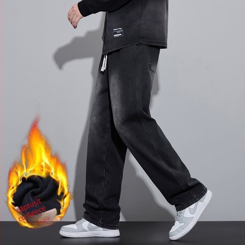 Jeanși pentru adolescenți băieți, iarnă, căptușeală din fleece, croială dreaptă, talie medie, fermoar