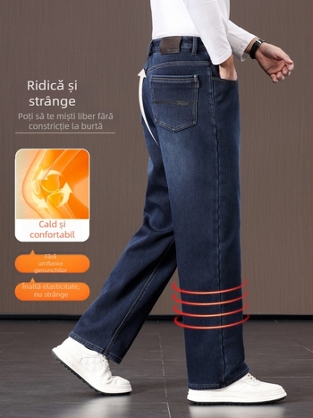 Pantaloni din denim cu căptușeală de fleece, groși, croială dreaptă, talie înaltă, casual iarna 2025
