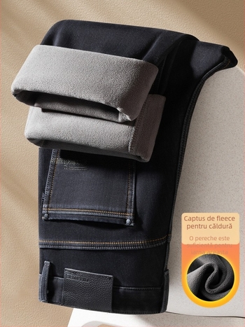 Pantaloni din denim cu căptușeală de fleece, groși, croială dreaptă, talie înaltă, casual iarna 2025