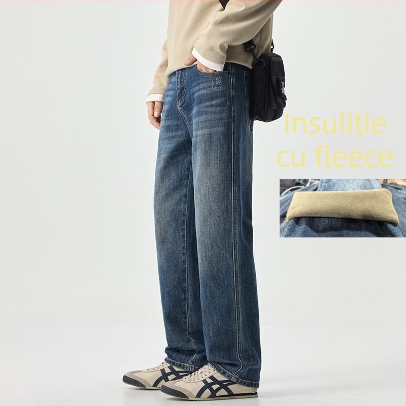Jeanși denim bărbați, straight, căptușire fleece, talie medie, fermoar, spălare stone-washed