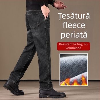 Blugi: talie înaltă, croială dreaptă, țesătură mai groasă pentru iarnă, cinci buzunare, fermoar