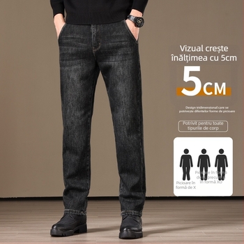 Blugi: talie înaltă, croială dreaptă, țesătură mai groasă pentru iarnă, cinci buzunare, fermoar