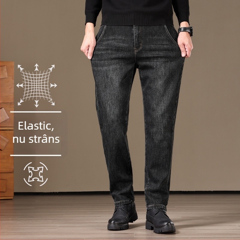 Blugi: talie înaltă, croială dreaptă, țesătură mai groasă pentru iarnă, cinci buzunare, fermoar