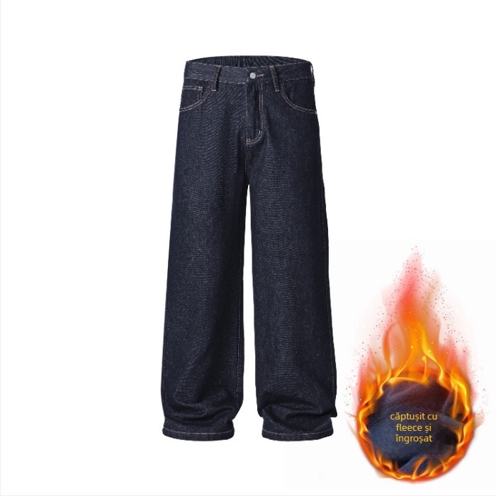 Jeansi – croiță dreaptă, spălați, stil retro american, talie medie (denim din bumbac, iarnă)