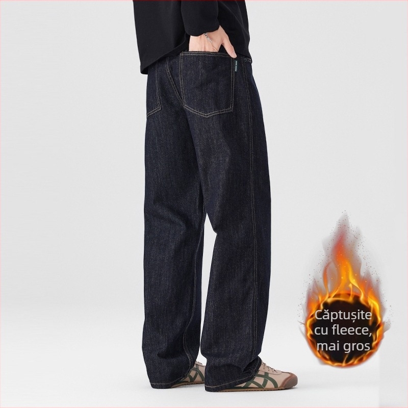 Blugi bărbați cu croială dreaptă, căptușeală fleece, denim din bumbac, talie medie, fermoar