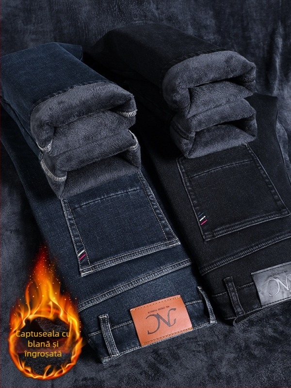 Jeanși denim cu căptușeală de fleece, micro-elastici, croială dreaptă, talie medie, iarnă 2024