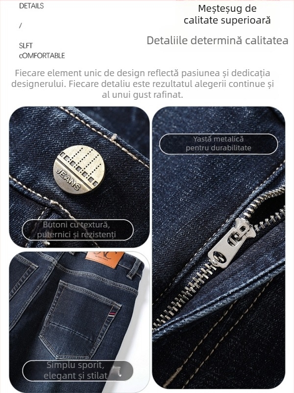 Jeanși denim cu căptușeală de fleece, micro-elastici, croială dreaptă, talie medie, iarnă 2024