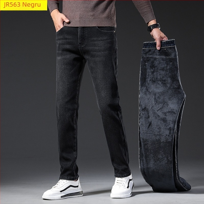 Jeanși denim cu căptușeală de fleece, micro-elastici, croială dreaptă, talie medie, iarnă 2024