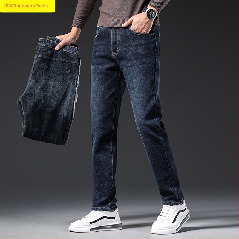 Jeanși denim cu căptușeală de fleece, micro-elastici, croială dreaptă, talie medie, iarnă 2024