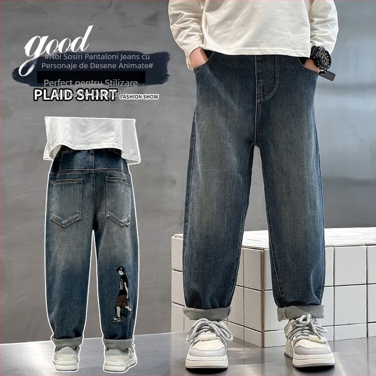 Blugi pentru băieți cu căptușeală de fleece, denim Cowboy, 40% bumbac, toamnă-iarna 2025