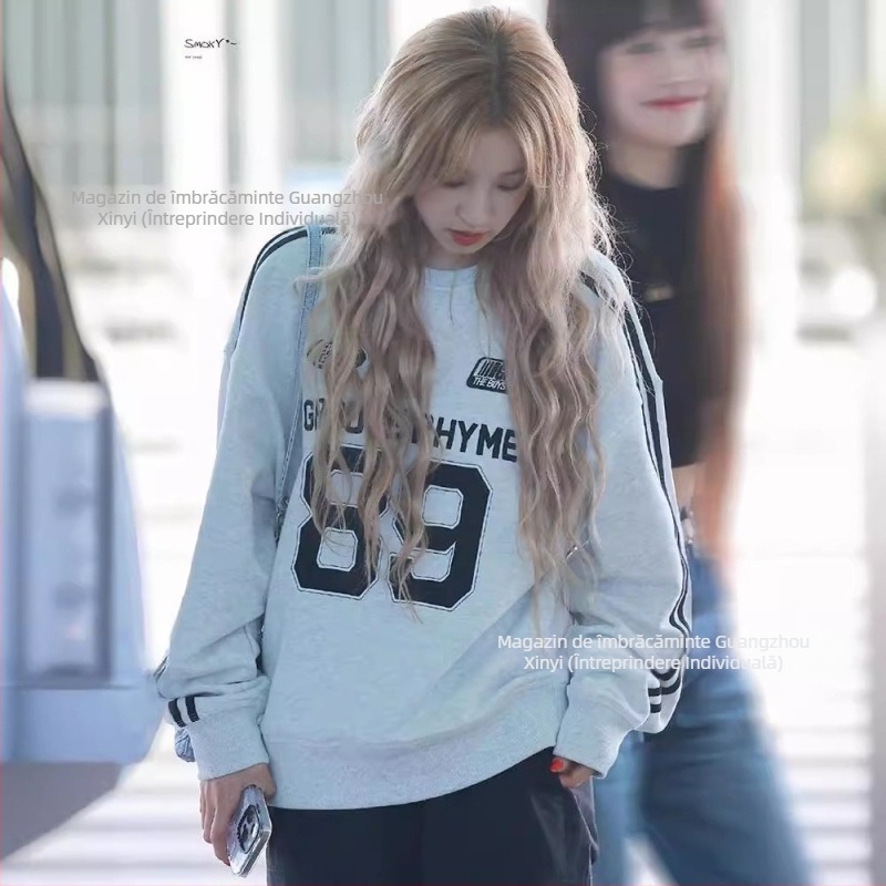 Hanorac damă din bumbac cu litere brodate, guler rotund, mâneci lungi, croială lejeră, stil casual japonez-coreean