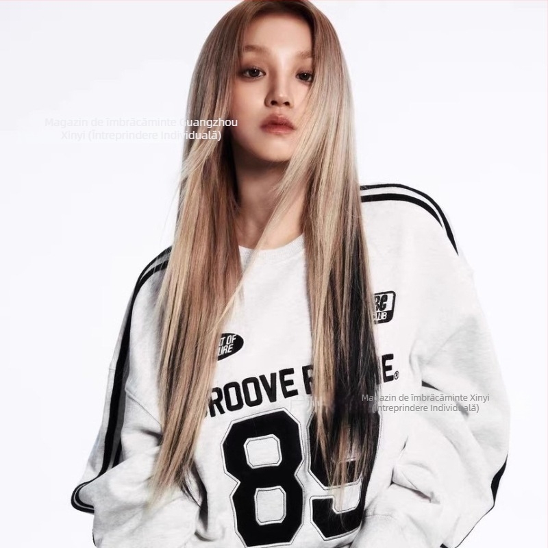 Hanorac damă din bumbac cu litere brodate, guler rotund, mâneci lungi, croială lejeră, stil casual japonez-coreean