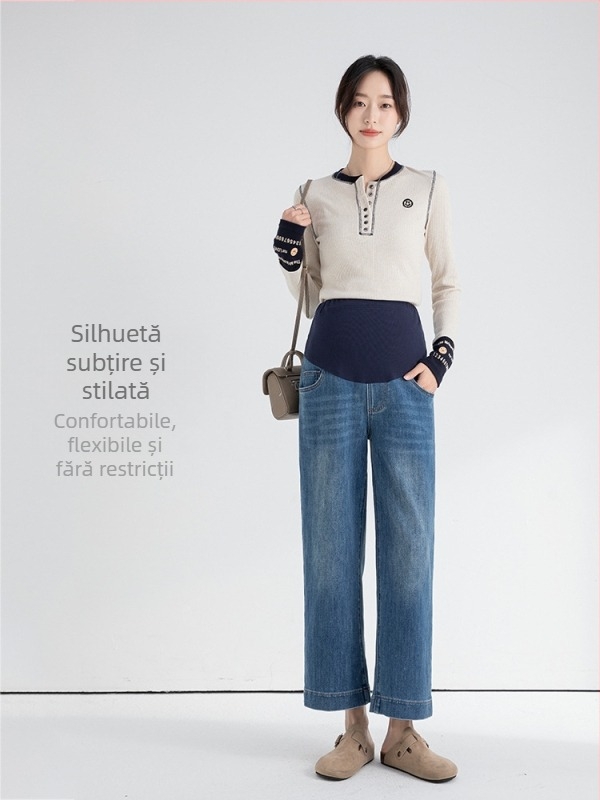 Jeans de maternitate cu sprijin abdominal, croială lejeră, denim din bumbac, 50–70% conținut de bumbac, grosime medie