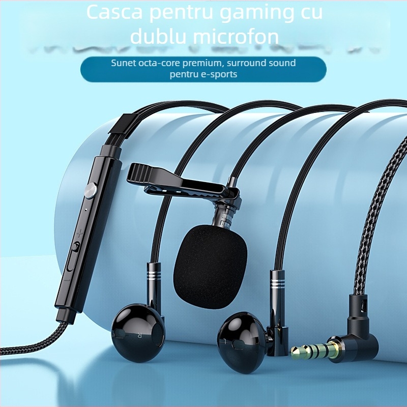 Căști cu fir cu două microfoane lavalier, 3,5 mm conector L, difuzoare de 14,2 mm, cablu de 1,5 m, răspuns în frecvență 20 Hz–20 kHz