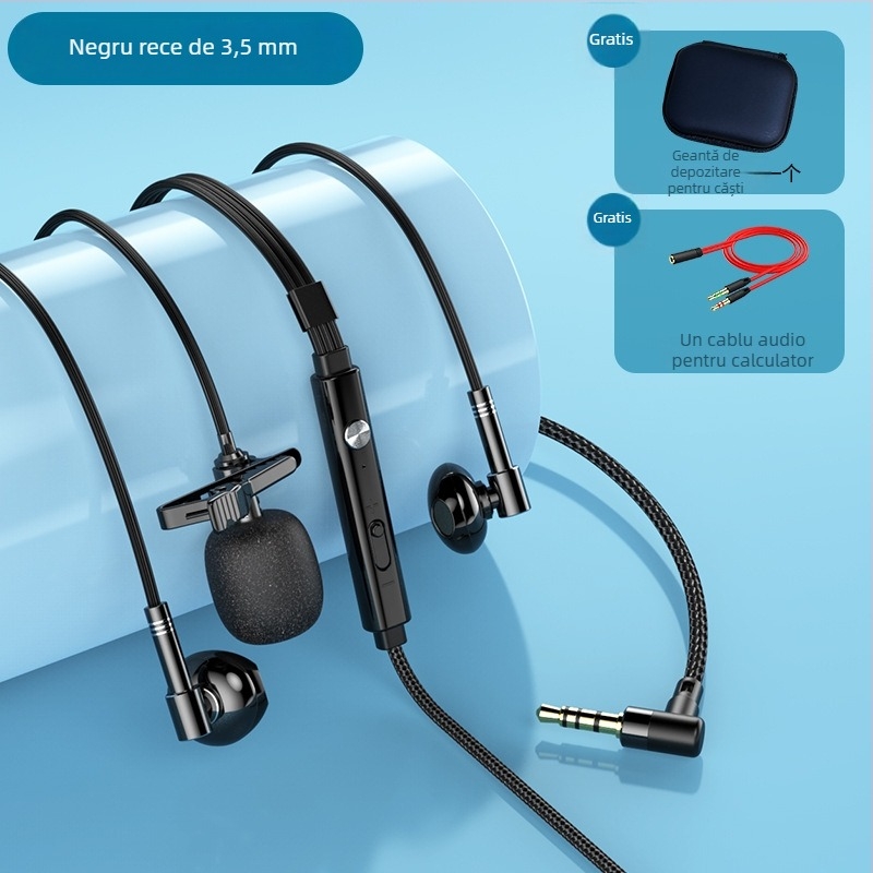 Căști cu fir cu două microfoane lavalier, 3,5 mm conector L, difuzoare de 14,2 mm, cablu de 1,5 m, răspuns în frecvență 20 Hz–20 kHz