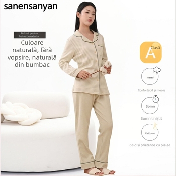 Set de pijamale pentru femei, cardigan – 100% bumbac, bumbac 40-count, cardigan cu guler rever și mâneci lungi, țesătură de greutate medie (201–250 g/m²)