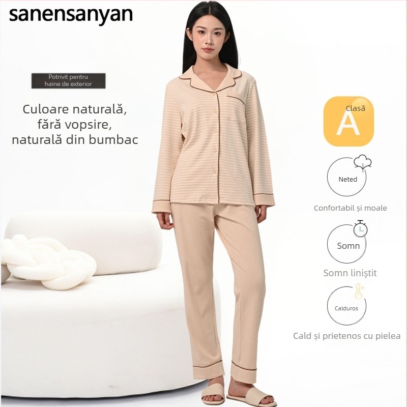 Set de pijamale pentru femei, cardigan – 100% bumbac, bumbac 40-count, cardigan cu guler rever și mâneci lungi, țesătură de greutate medie (201–250 g/m²)