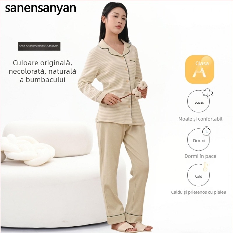 Set pijama femei din bumbac 100% cu cardigan, stil simplu și casual, mâneci lungi, pantaloni, țesătură 201–250 g/m², bumbac 40-count, pentru toate anotimpurile