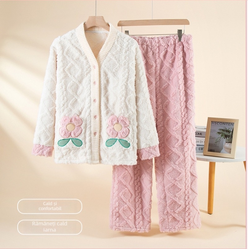 Set pijamale femei din velur de bumbac Shu, căptușit cu fleece, decolteu în V, mâneci lungi, păstrează căldura, poate fi purtat în exterior, iarnă-toamnă