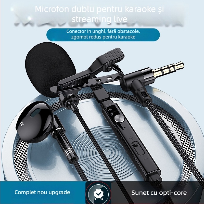 Căști cu fir cu microfon lavalier dual pentru înregistrări și karaoke live, conector L de 3.5 mm, cablu împletit de 1.5 m, difuzor de 14.2 mm, răspuns în frecvență 20–20000 Hz