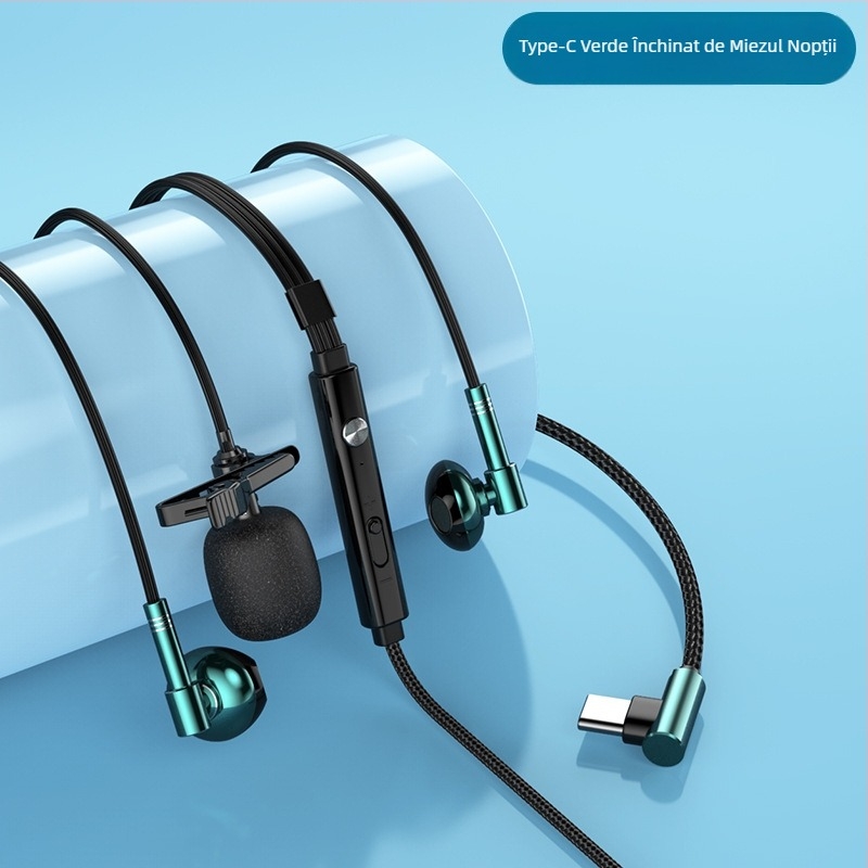 Căști cu fir cu microfon lavalier dual pentru înregistrări și karaoke live, conector L de 3.5 mm, cablu împletit de 1.5 m, difuzor de 14.2 mm, răspuns în frecvență 20–20000 Hz