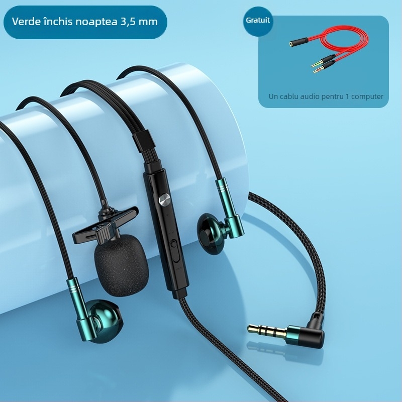 Căști cu fir cu microfon lavalier dual pentru înregistrări și karaoke live, conector L de 3.5 mm, cablu împletit de 1.5 m, difuzor de 14.2 mm, răspuns în frecvență 20–20000 Hz