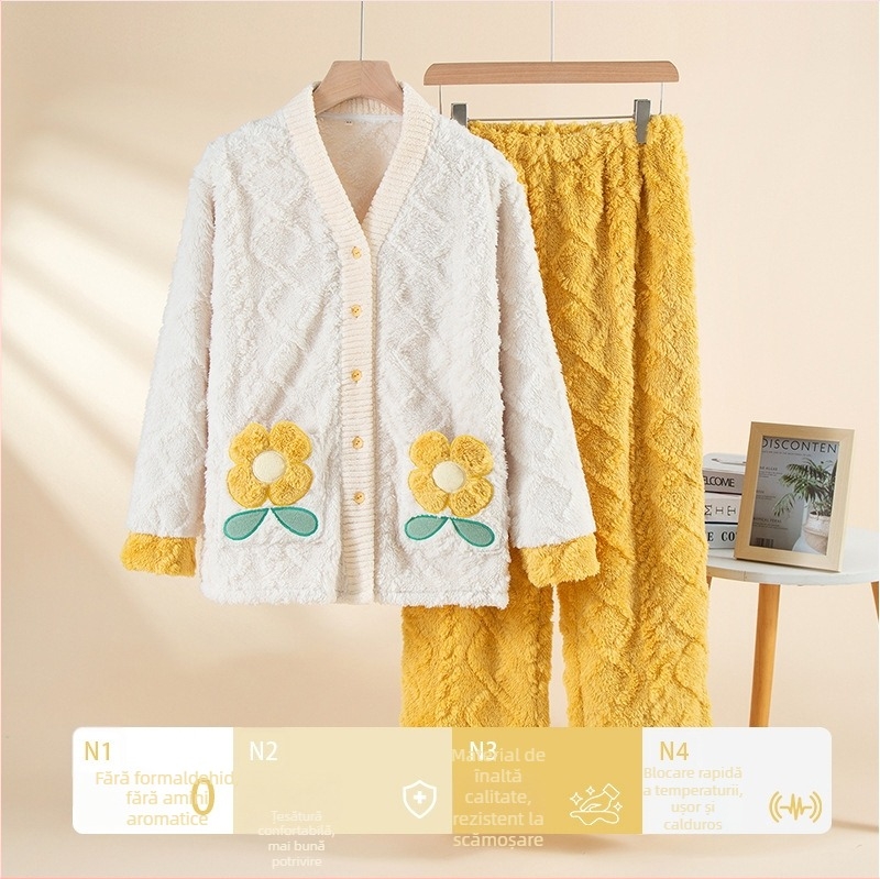 Set de pijamale pentru femei din Shu catifea de bumbac - îngroșat, decolteu în V, mâneci lungi, 251–300 g/m², Iarnă/Toamnă, poate fi purtat în exterior