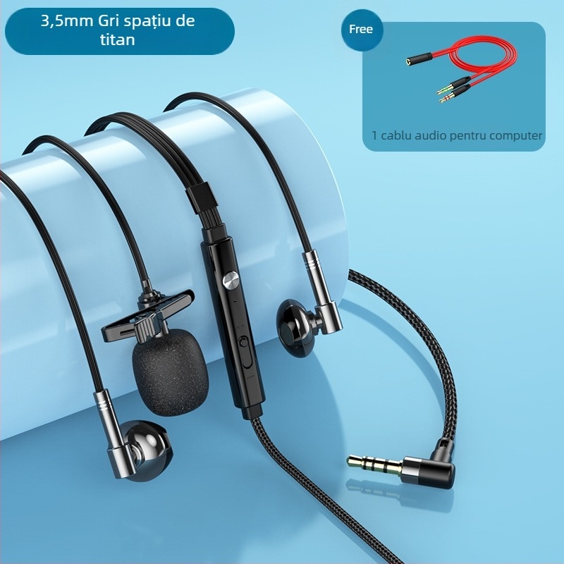 Căști cu microfon lavalier, cablu împletit de 1,5 m, conector 3,5 mm în formă de L, difuzoare de 14,2 mm, răspuns în frecvență 20–20000 Hz