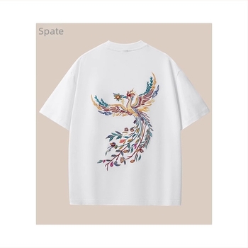 Stil național tricou din 100% bumbac cu mânecă scurtă, broderie cu Feniks, croi lejer