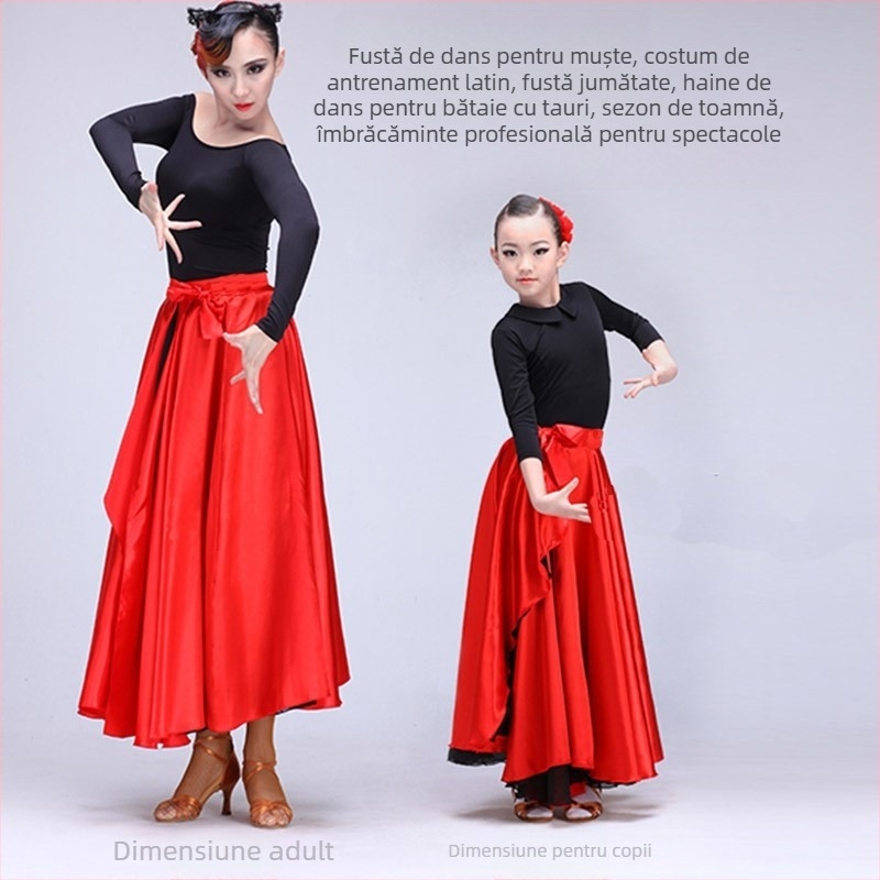 Costum de antrenament pentru dans latin pentru femei, cu fustă jumătate pentru Paso Doble – Primăvara 2025, țesătură poliester 95%+, croială compozită, stil etnic