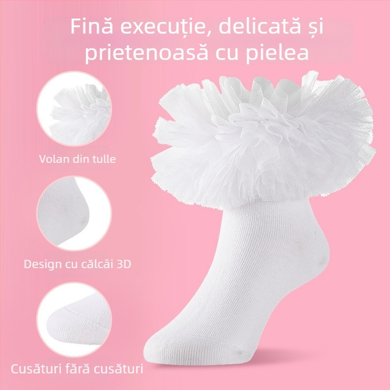 Șosete de balet pentru copii, cu dantelă - până la mijlocul gambei, din bumbac combed 80%, pentru toate anotimpurile, mărime L