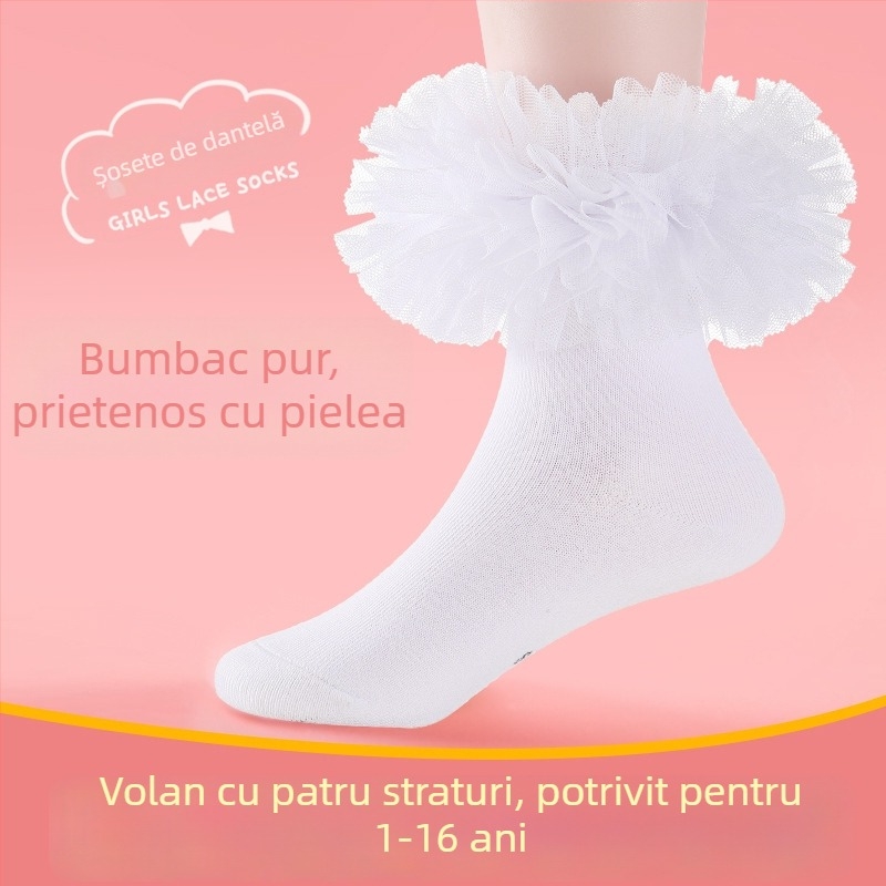 Șosete de balet pentru copii, cu dantelă - până la mijlocul gambei, din bumbac combed 80%, pentru toate anotimpurile, mărime L