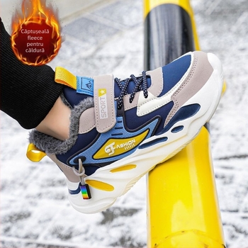 Pantofi sport pentru băieți iarna, din piele artificială, impermeabili, antiderapante, închidere Velcro, talpă MD