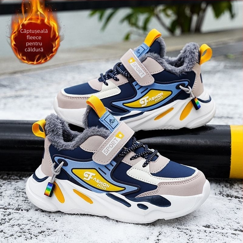 Pantofi sport pentru băieți iarna, din piele artificială, impermeabili, antiderapante, închidere Velcro, talpă MD