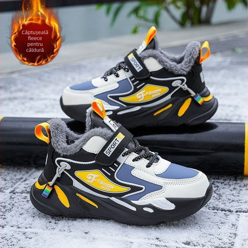 Pantofi sport pentru băieți iarna, din piele artificială, impermeabili, antiderapante, închidere Velcro, talpă MD