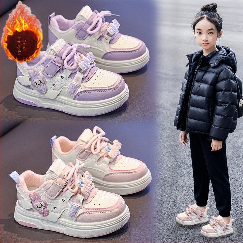 Pantofi sport de iarnă pentru fete, căptuți cu fleece, exterior din fibră super, închidere cu Velcro, talpă din cauciuc, model desen animat.