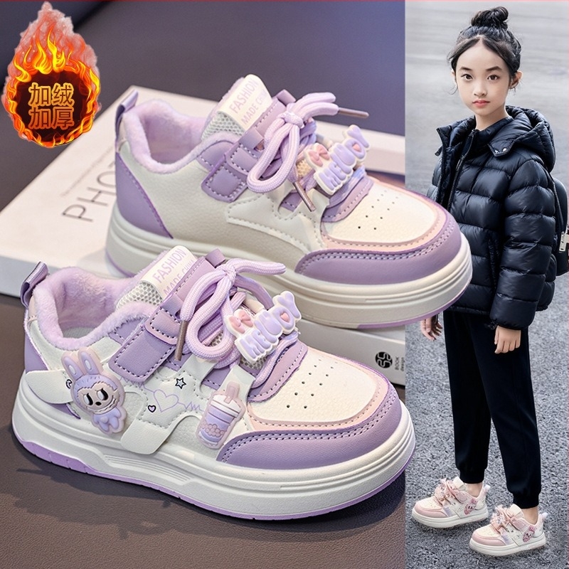 Pantofi sport de iarnă pentru fete, căptuți cu fleece, exterior din fibră super, închidere cu Velcro, talpă din cauciuc, model desen animat.