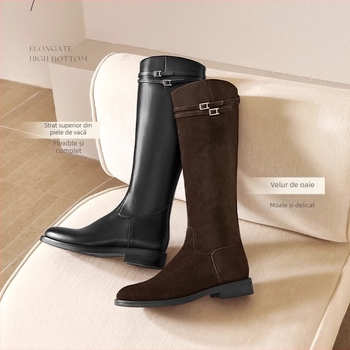 Cizme de cavaler pentru femei, din piele naturală, tibie înaltă, fermoar lateral, toc gros de 3–5 cm
