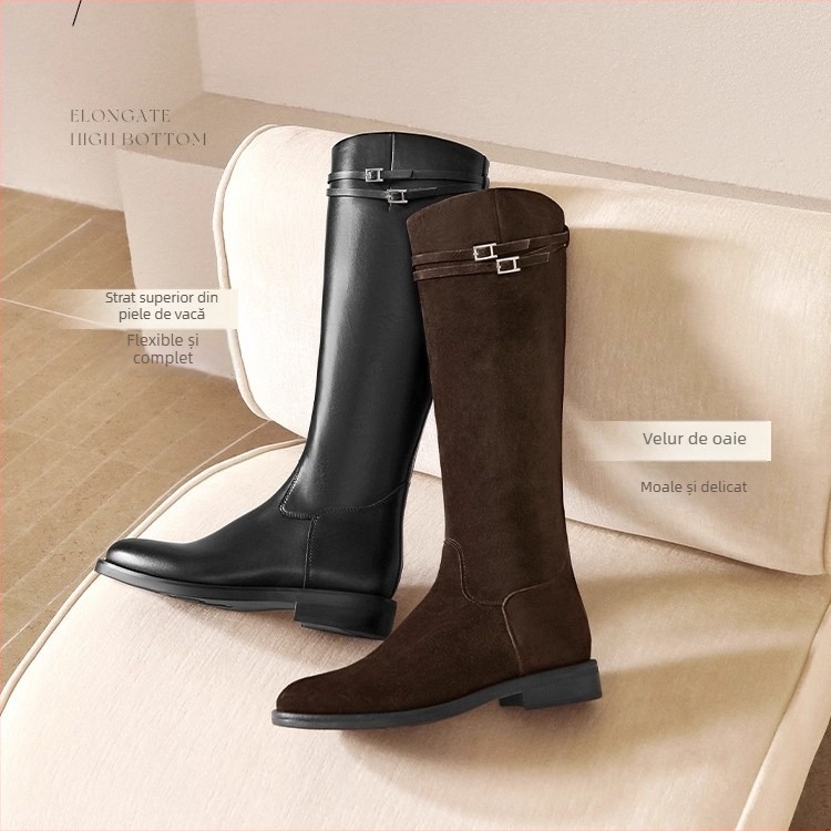 Cizme de cavaler pentru femei, din piele naturală, tibie înaltă, fermoar lateral, toc gros de 3–5 cm