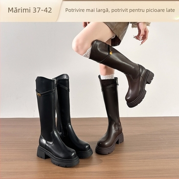 Botosei de damă fashion, cu gambă înaltă în stil cavaler — fermoar lateral, cataramă de închidere, talpă din cauciuc, partea superioară PU, toc mediu 3–5 cm