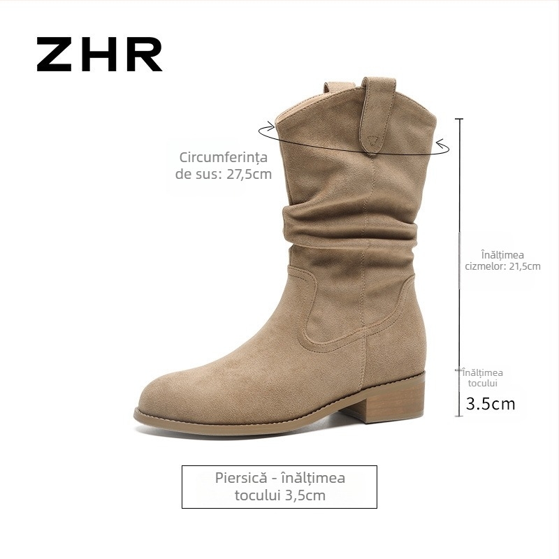 Cizme de damă Martin cu partea superioară din flanel, vârf rotund, toc mediu (3–5 cm), talpă TPU