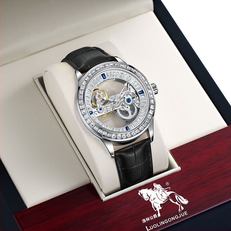 Ceas automat mecanic pentru bărbați, cu skeleton dublu pe ambele fețe și punte unică, mecanism 1966, curea din piele naturală, rezistență la apă 30 m