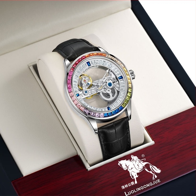 Ceas automat mecanic pentru bărbați, cu skeleton dublu pe ambele fețe și punte unică, mecanism 1966, curea din piele naturală, rezistență la apă 30 m