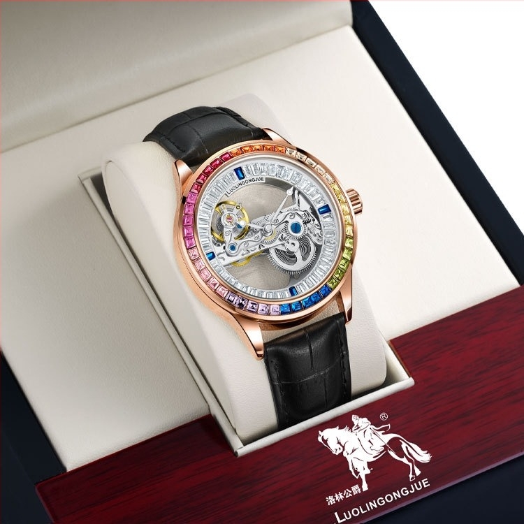 Ceas automat mecanic pentru bărbați, cu skeleton dublu pe ambele fețe și punte unică, mecanism 1966, curea din piele naturală, rezistență la apă 30 m