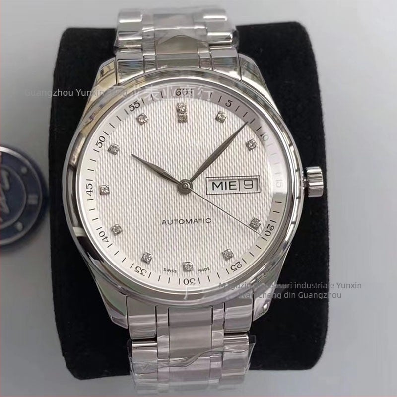 Ceas mecanic automat pentru bărbați cu calendar și afișaj ziua săptămânii; cadran rotund de 39 mm cu cristal safir; carcasă și brățară din oțel inoxidabil; calibru Seagull 2892; rezistență la apă 100 m