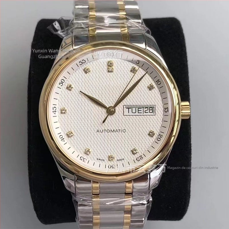 Ceas mecanic automat pentru bărbați cu calendar și afișaj ziua săptămânii; cadran rotund de 39 mm cu cristal safir; carcasă și brățară din oțel inoxidabil; calibru Seagull 2892; rezistență la apă 100 m